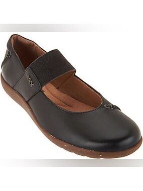 Clarks Soft Cushion Black Leather Mary Jane Shoes Elastic Flat Size 6.5 Gum Sole